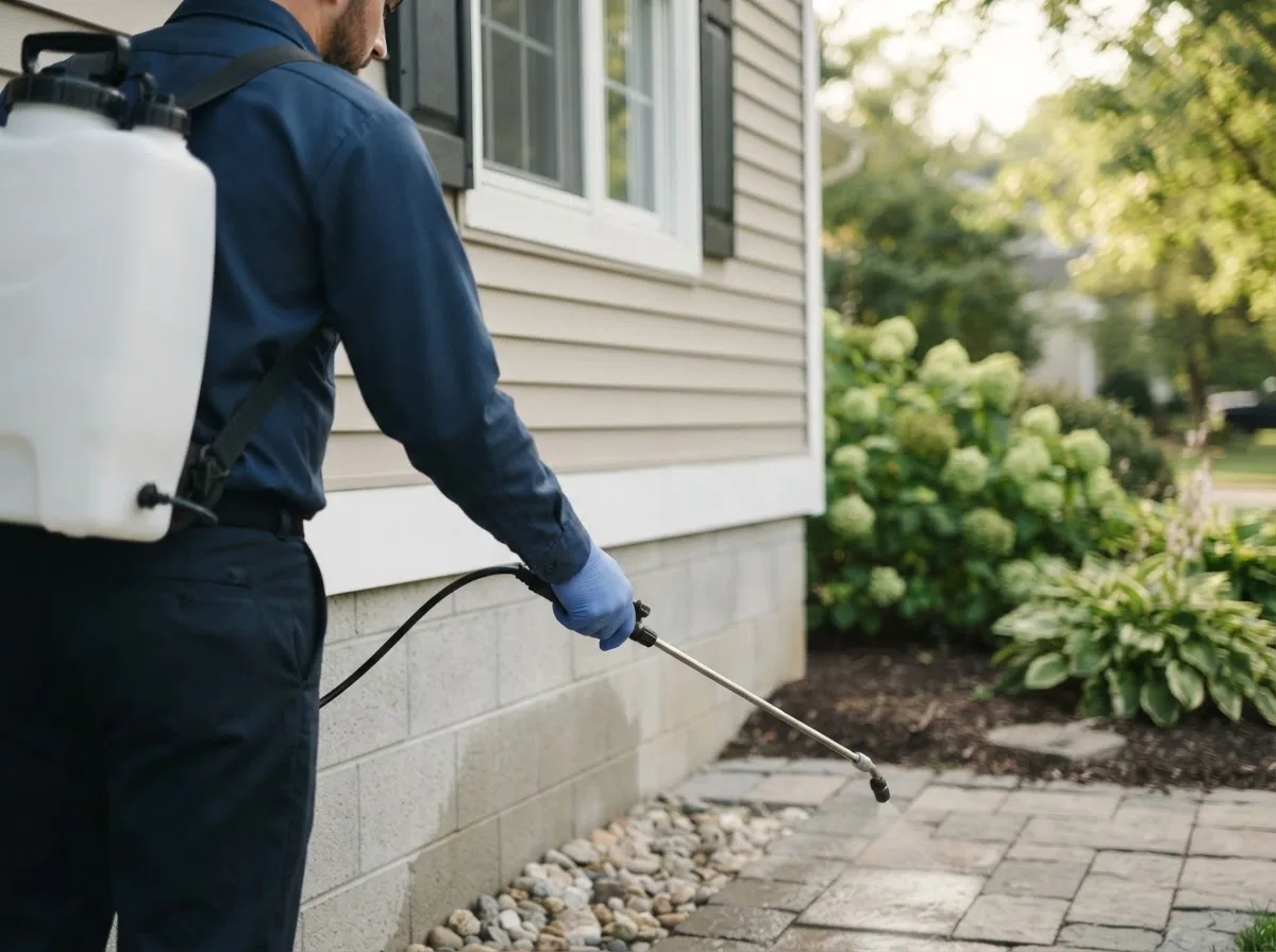 Pest control technician inspecting a home in Buckner, MO
